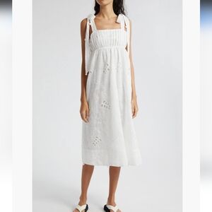 FARM Rio Eyelet Embroidered Midi Dress READ Small S White Tie Shoulder Straps